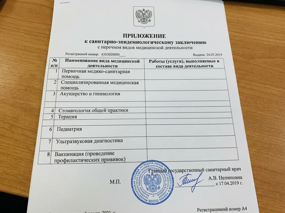 Приложение к санитарно-эпидемиологическому заключению с перечнем видов медицинской деятельности, официальный документ государственного образца