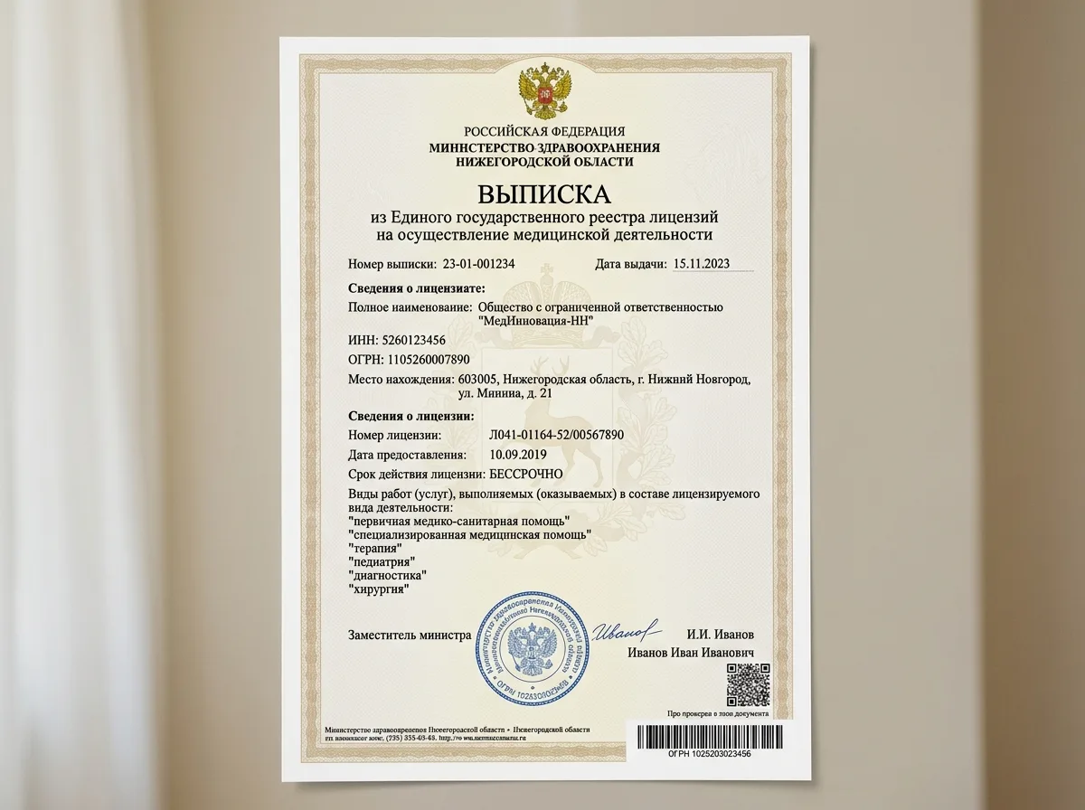 Выписка из государственного реестра лицензий на медицинскую деятельность, выданная Министерством здравоохранения Нижегородской области